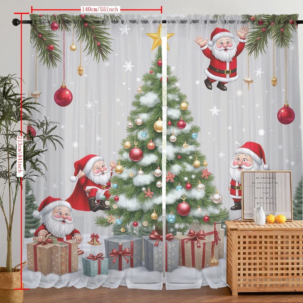 2Pcs Cartoon Santa Claus And Christmas Tree Print Home Decoration Window Screens, Suitable For Cafes, Restaurants, Bedrooms