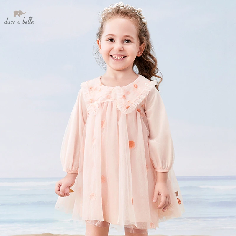 DB1221053 dave bella spring baby girls cute embroidery mesh dress fashion party dress kids girl infant lolita clothes