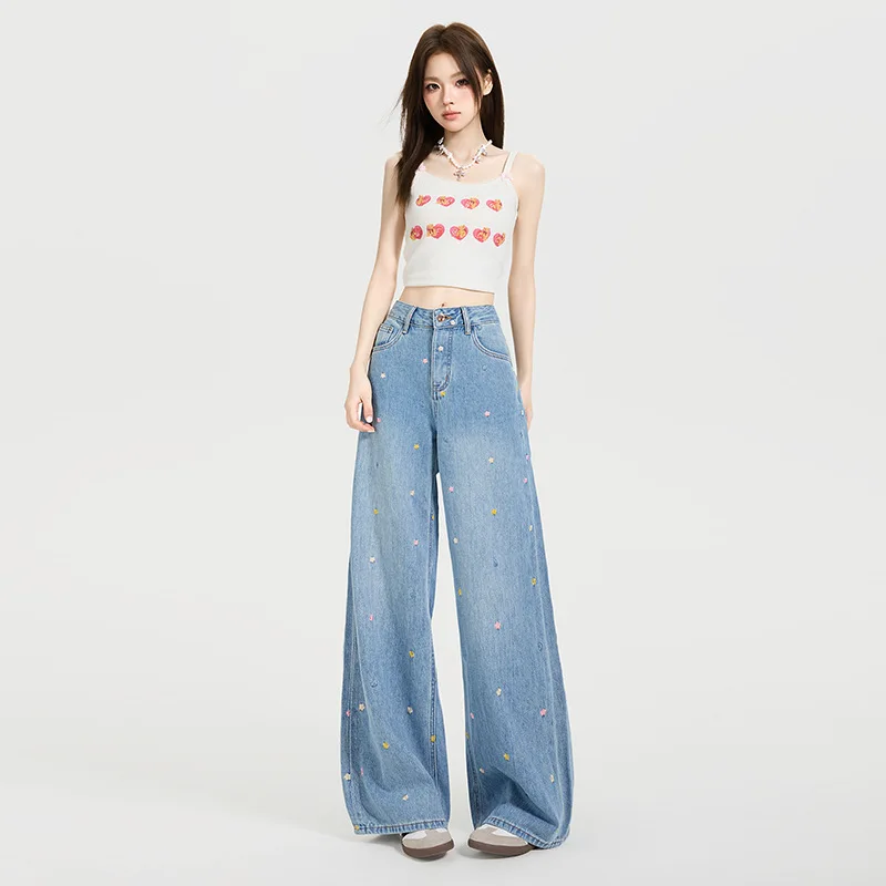 

Women Full Length Wide Leg Jeans Washed Denim Jean Print High Waist Loose Fit Distressed 2025 Zipper Fly Basics Pockets