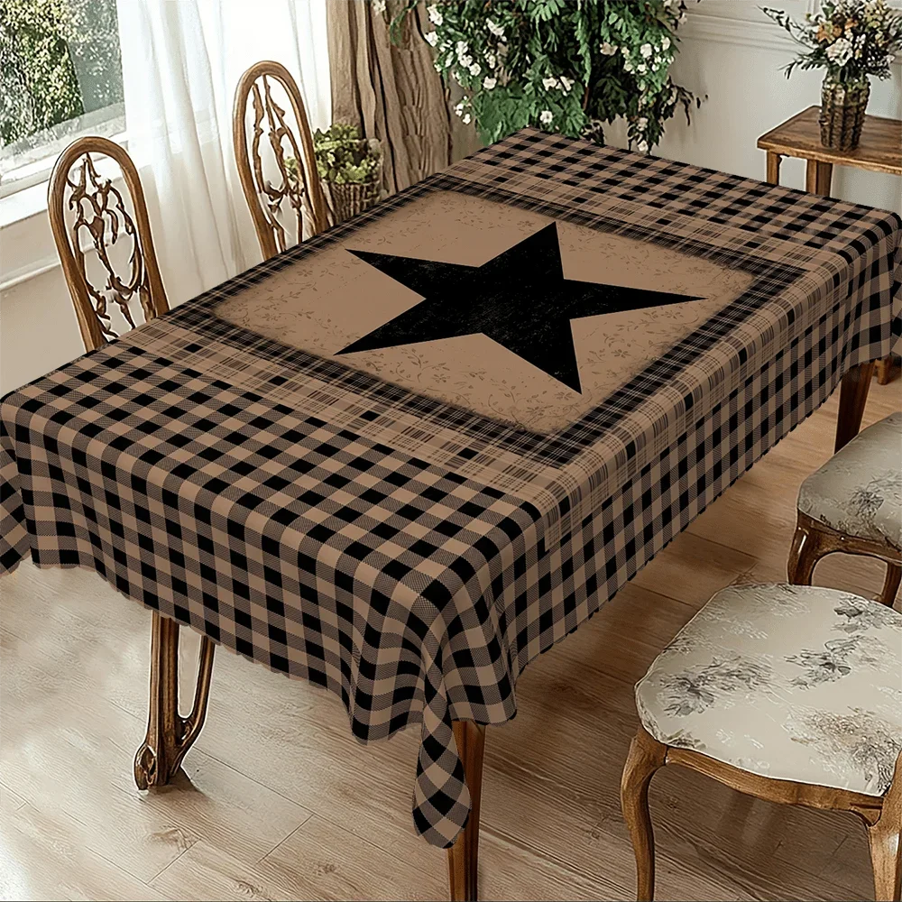 Brown and black checkered five-star American country-style pattern tablecloth, suitable for a country-style dining table