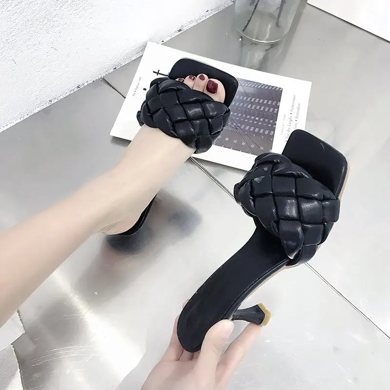 Summer Fashion Women's Square Toe Woven Sandals Luxury Brand Designer Sandals Comfortable Office and Casual Women's High Heels view 5