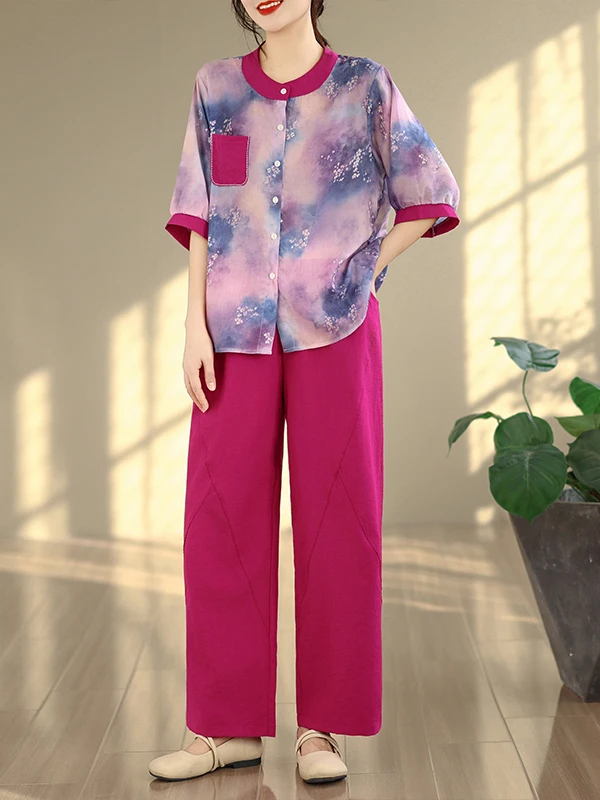 

Retro Artistic Loose Mom Shirt Pants Two-Piece Set Summer New Arrival Women's Fashion Casual Wear Comfortable Breathable