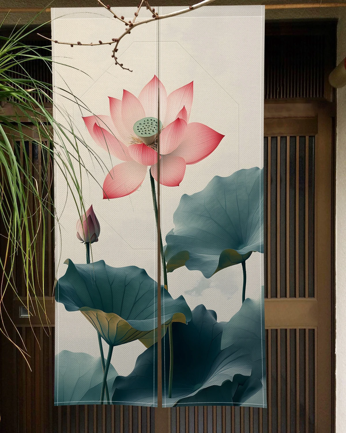 Japanese Style Noren Curtain Elegant Lotus Green Leaves Print Traditional Asian Room Divider Decor Linen Fabric Half Curtain