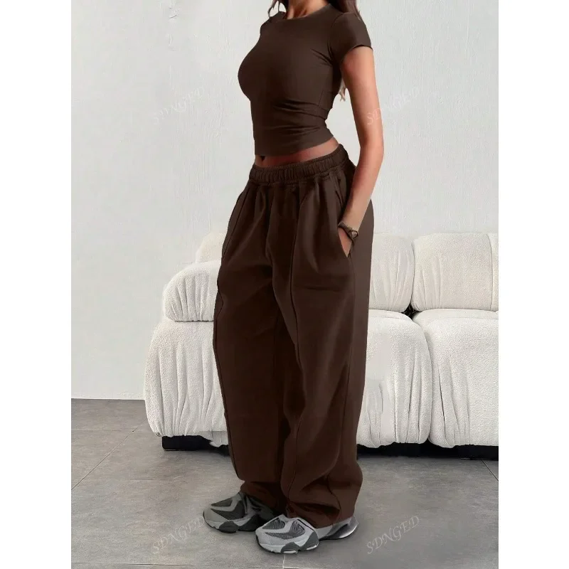 Plus Size New Women‘s Fashion Fitness Sweatpants Wide Leg Straight Ladies Casual High Waisted Solid Color Sports Pants - Image 2