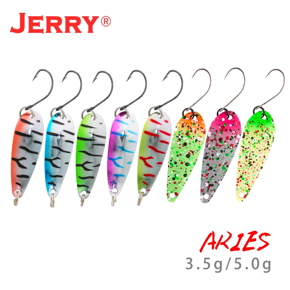 

Jerry Aries 3.5g 5g Metal Trout Spoon Kit UV Colors Spinner Bait Glitter Baubles Pike Perch Freshwater Micro Fishing Lure Pesca
