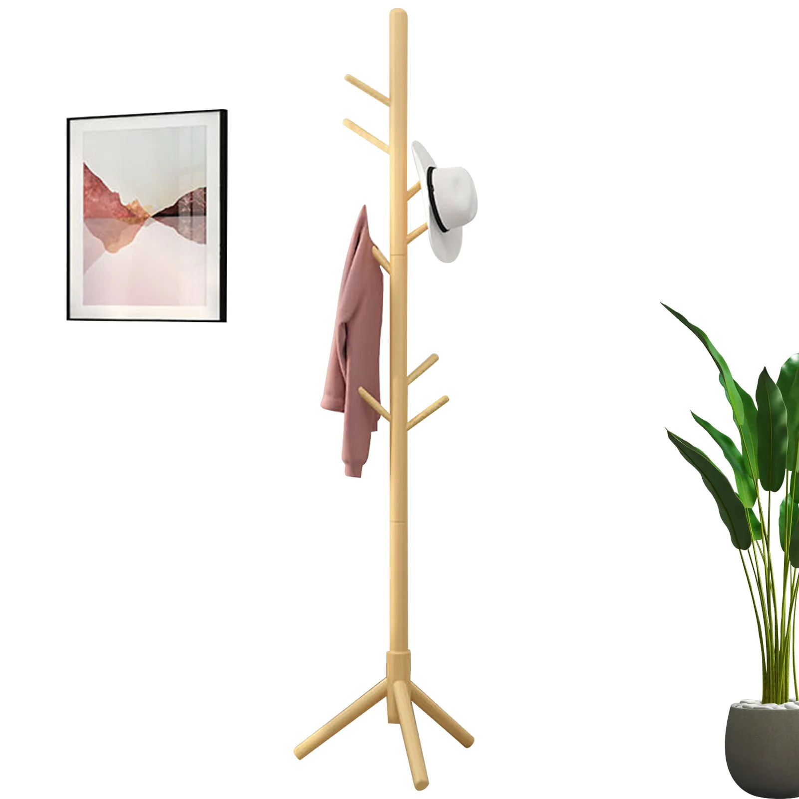 Floor Standing Wooden Clothes Rack, Clothing Tree Stand com 8 Ganchos, Saco Criativo e Cachecol Rack, Cabide