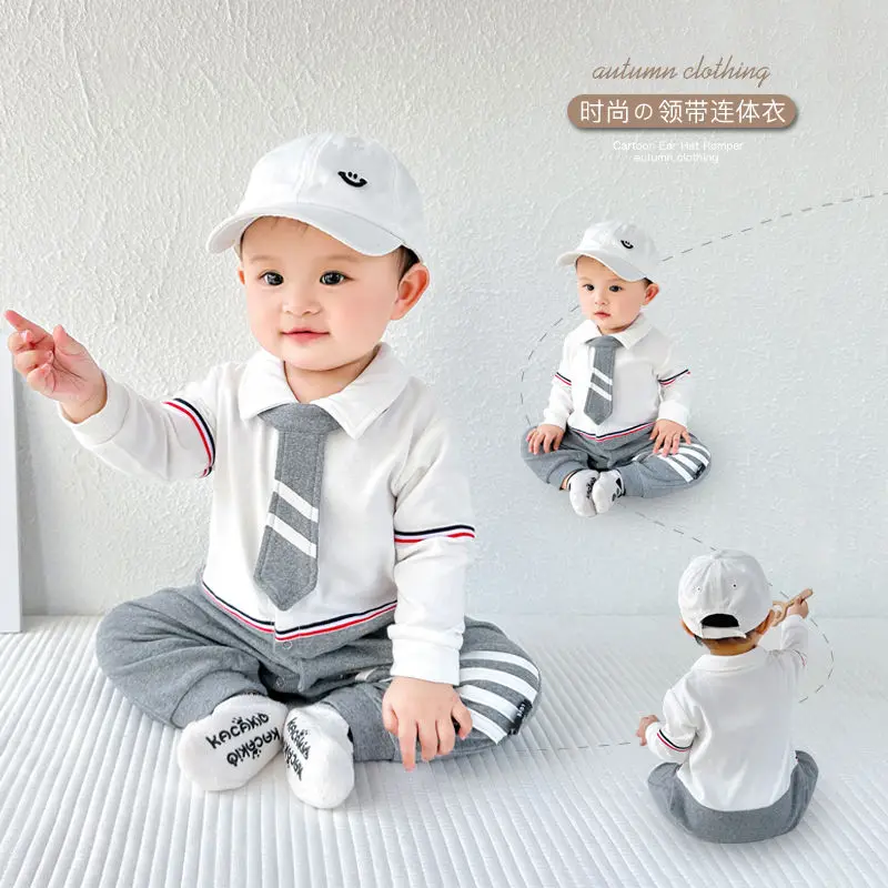 

Autumn New Gentleman's Hundred Days Clothes with Tie Onesie 3-36Month Boys and Girls Romper Infant Climbing Clothing Fashion