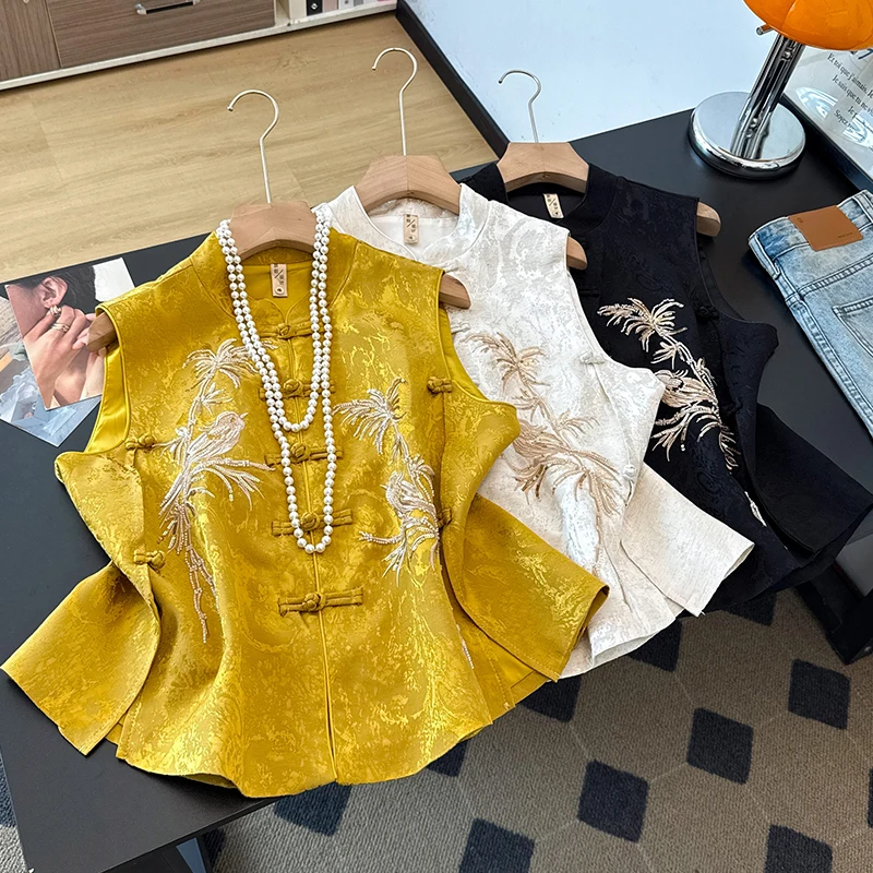 New Chinese Style National Trend Stand Collar Embroidered Shiny Sequin Heavy Embroidery Tang Suit Hanfu Improved Shoulder Pad...