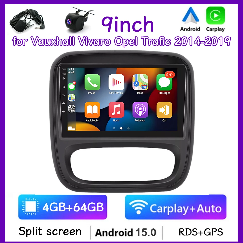 4+64G 9''Car Stereo Radio for Vauxhall Vivaro Opel Trafic 2014-2019 Android15 GPSwith Carplay Android Auto WiFi Bluetooth FM/RDS