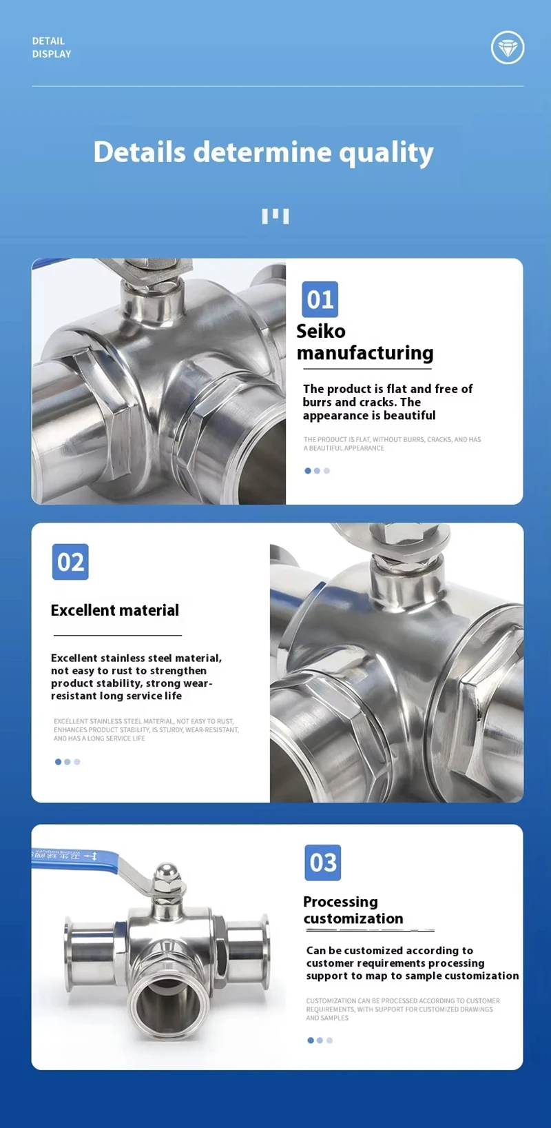 19mm 25mm 51mm 3-Wege Sanitär-Kugelhahn aus Edelstahl, Lebensmittelqualität, Manueller Tri-Clamp Schnellverschluss Richtungs-Kugelhahn – Detail 2