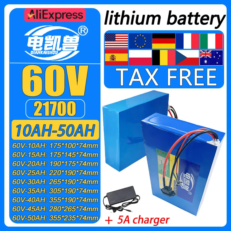 

60V 50Ah 40Ah 30Ah 20Ah 15Ah 25Ah 35Ah 45Ah +5A charger 21700 Li-ion Battery Pack 50A BMS 3000W Electric motorcycles battery