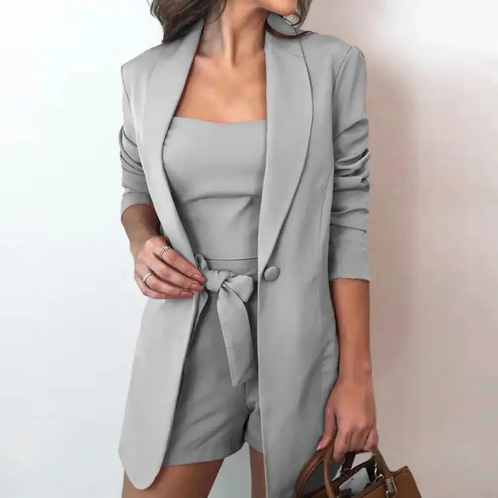 Blazer Shorts Set Three Pieces Set Solid Color Blazer Shorts Vest Suit Set Long Sleeve Blazer Summer Outfit for Travel