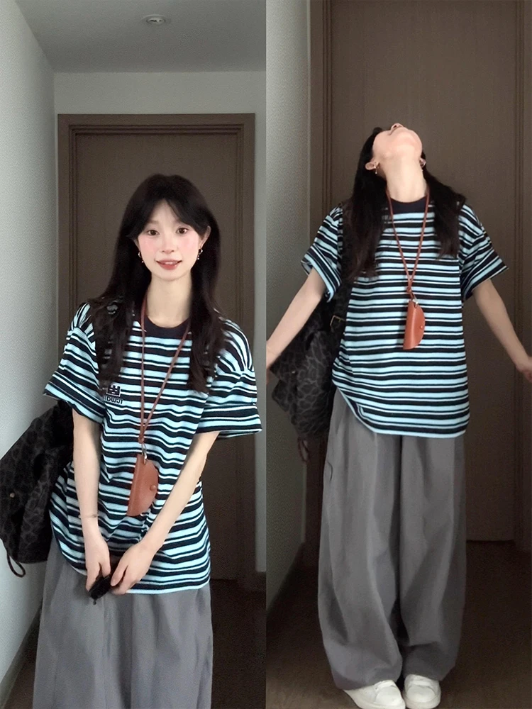Korean Design Stripe Color Block Embroidery Short Sleeve T-Shirt Women Summer Loose Chic Lazy Beautiful Half Sleeve Top
