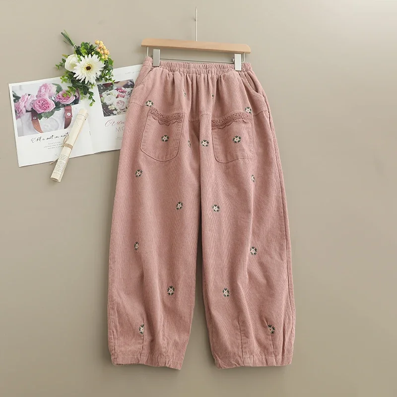 Spring Sweet Mori Girl Floral Embroidered Corduroy Pants Women Harajuku Korean Fashion Elastic Waist Casual Loose Pants