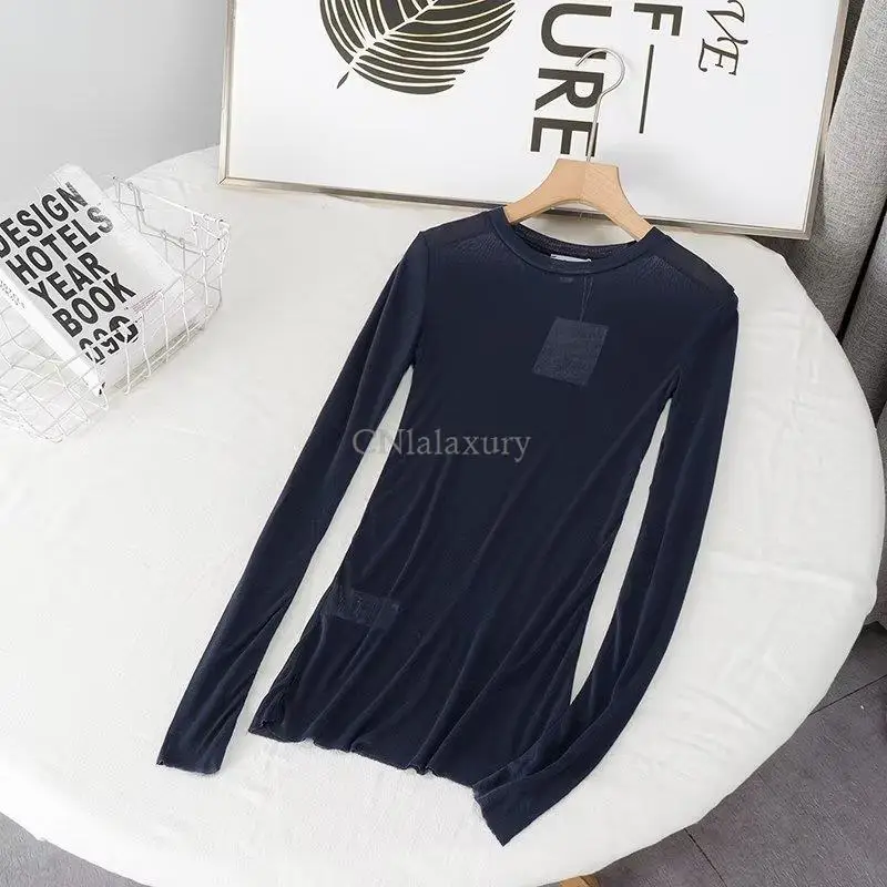 CNlalaxury Women 2023 Autumn New Fashion Multicolor Knitted Tshirt Vintage Long Sleeve Female Thin Pullovers Shirts Top