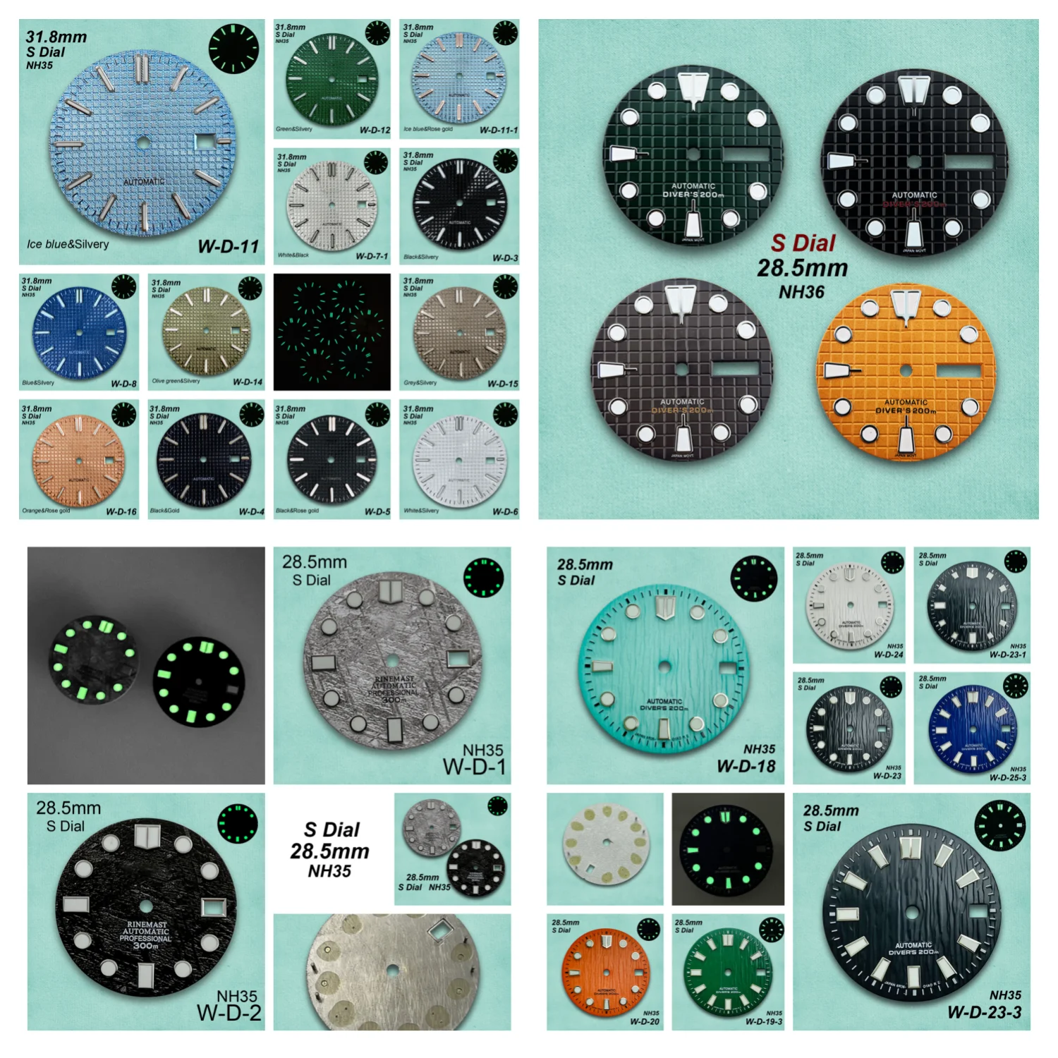 28.5/31.8mm S Logo Oak/Waffle/Meteorite Dial Fit NH35/NH36 Movement Green Luminous Dual Calendar Watch Modification Accessories