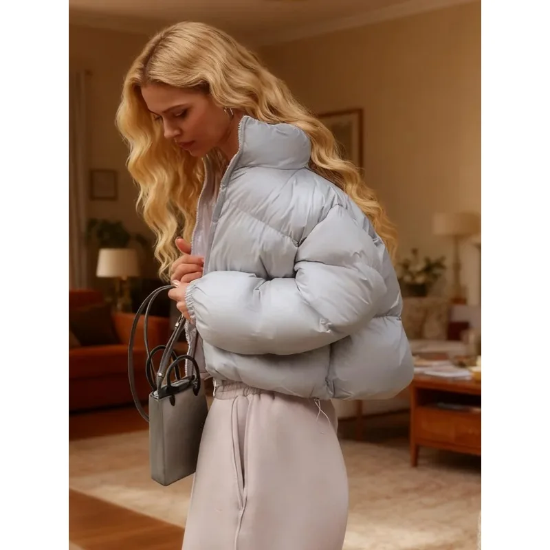 

Light Color Women's Cropped Puffer Jacket Stand Collar Zip-up Fashion Warm Winter Short Coat Chic Girl's High Street Outerwear