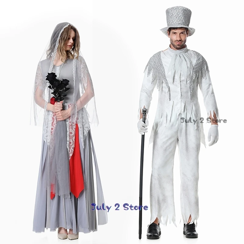 Corpse Ghost Bride and Groom Costume Cosplay Scary Zombie Masquerade Halloween Fancy Couple Wedding Suit Carnival Party Dress Up