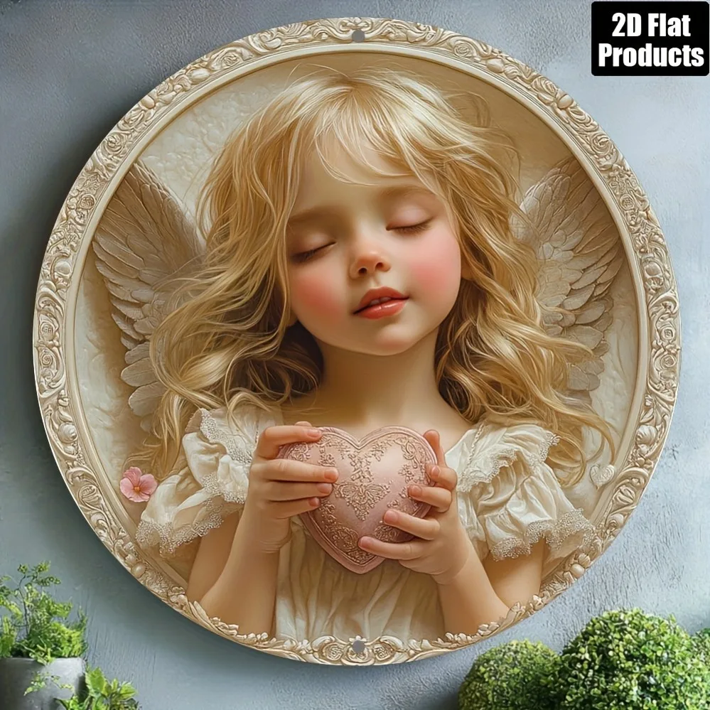 2D Metal Sign, Vintage Angel with Gold Wings, Shy Face Art Metal Sign for Home Bar Kitchen Decor