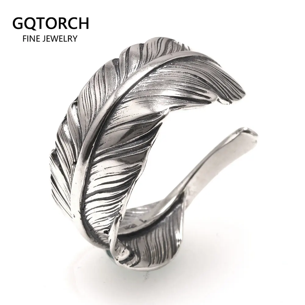 Pure Solid 925 Sterling Silver Vintage Indian Anren Feather Ring Adjustable Japanese Personality Men's and Women's Jewelry