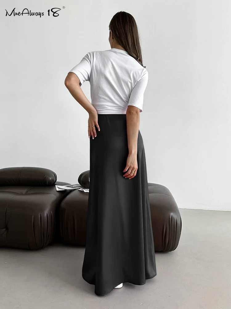 Mnealways18 Black Satin Floor-Length Skirts Women Summer 2024 High Waist Casual Long Skirts Office Ladies Flowing Midi Skirts