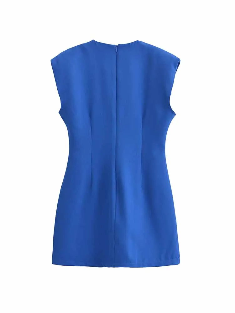 Women's 2024 new fashion with shoulder pads slim solid color O Neck mini dress retro sleeveless back zipper women's dress Mujer