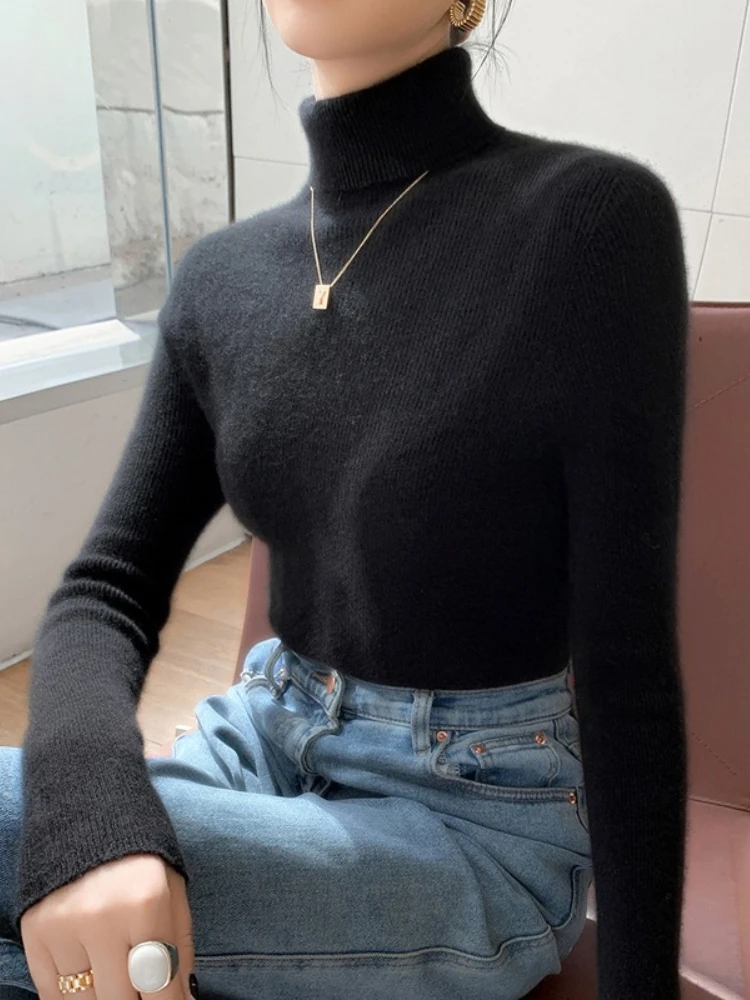 New Autumn Winter Soft Turtleneck Cashmere Knitted Sweater Korean Style Slim Fit Solid Color Basics Pullovers