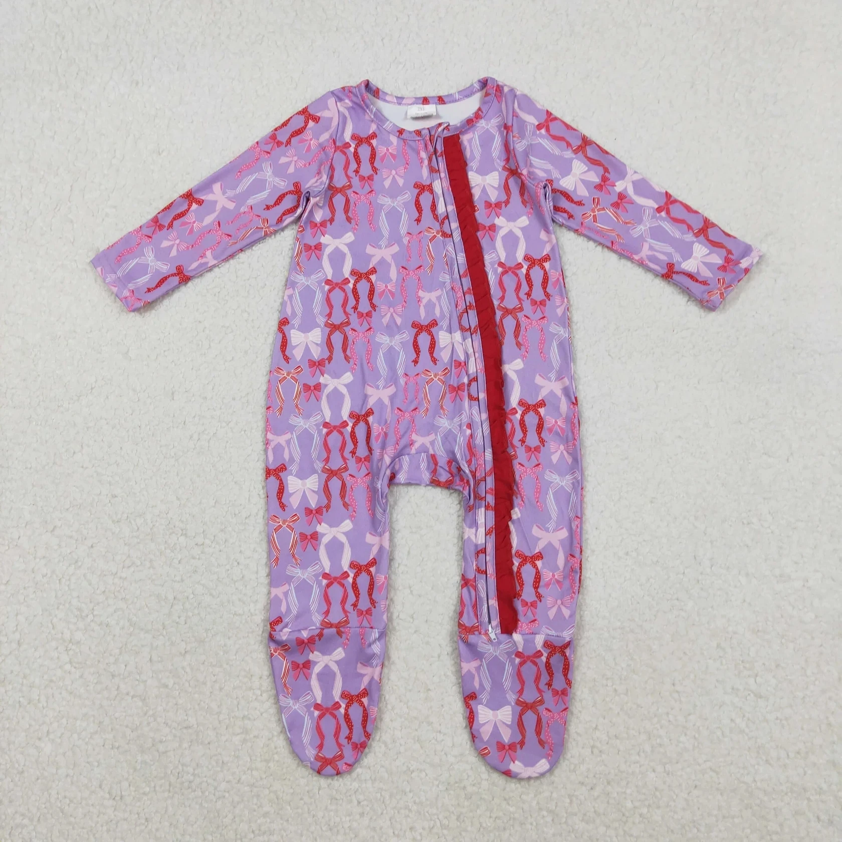 

Wholesale Toddler Newborn Coverall Purple Bows Sleepwear Bodysuit Infant Children Zipper Footie Romper Baby Girl Kids Clothes