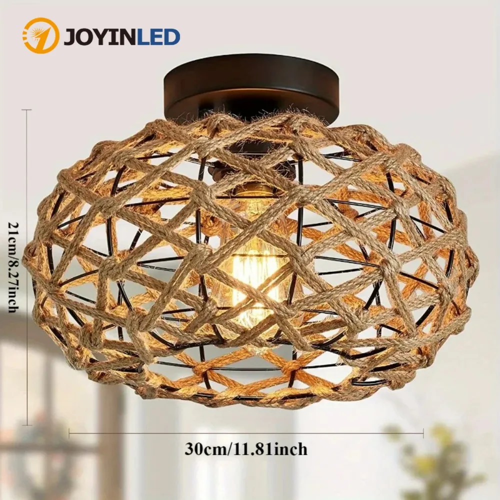 JOYINLED Woven Rattan Wicker Pendant Light Hemp Rope Ceiling Light Retro Fixture for Kitchen Bedroom Hallway Living Room