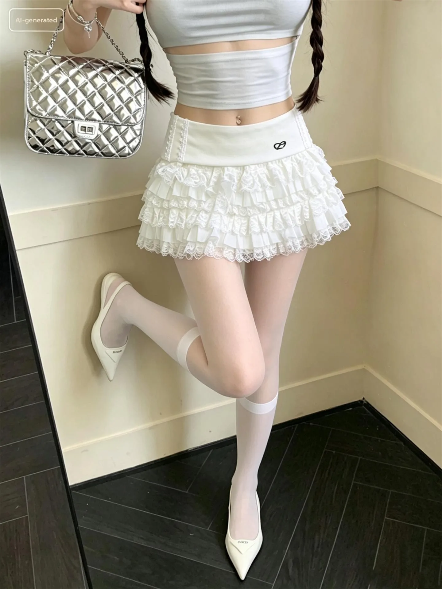 

Ballet Style Lace Splicing Half Skirt Women's Summer New High Waist Pure Desire Puffy Cake Skirt Pants Commute Casual Other