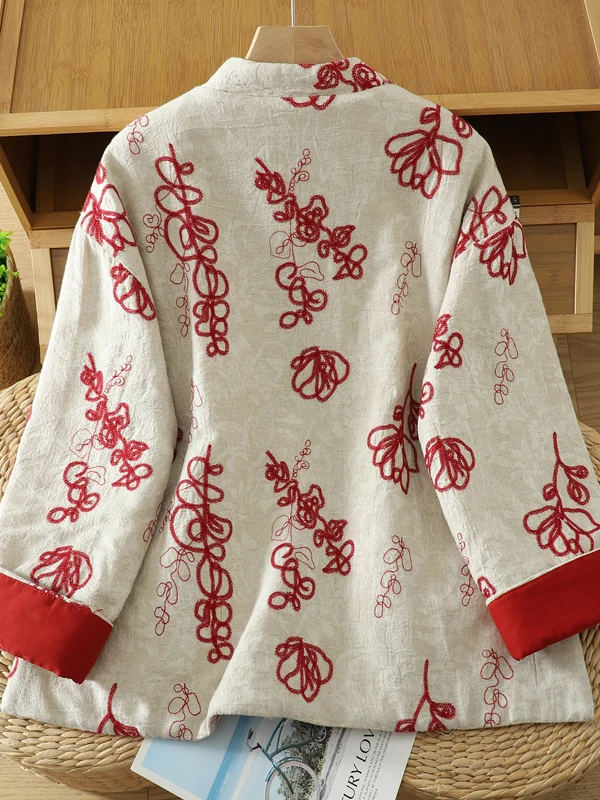 جايت نسائي فضفاض من القطن مع زر Sle صيني، ملابس شتوية دافئة جديدة مرقعة، معطف طويل بياقة واقفة