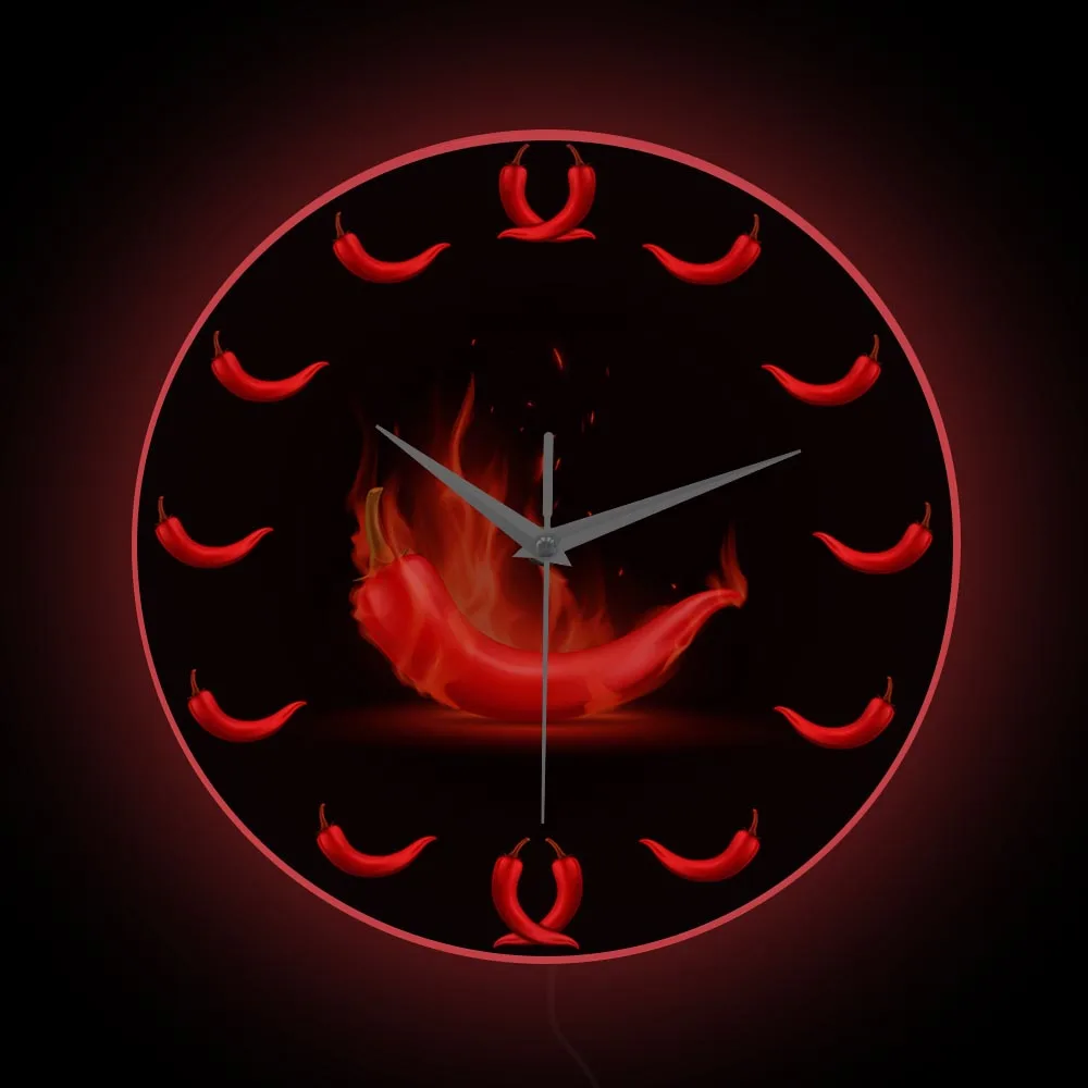 Hot Chilli Peppers Kitchen Wall Clock with LED Backlight Spicy Food Neon Sign Night Light Wall Clock For Resturant Dining Room