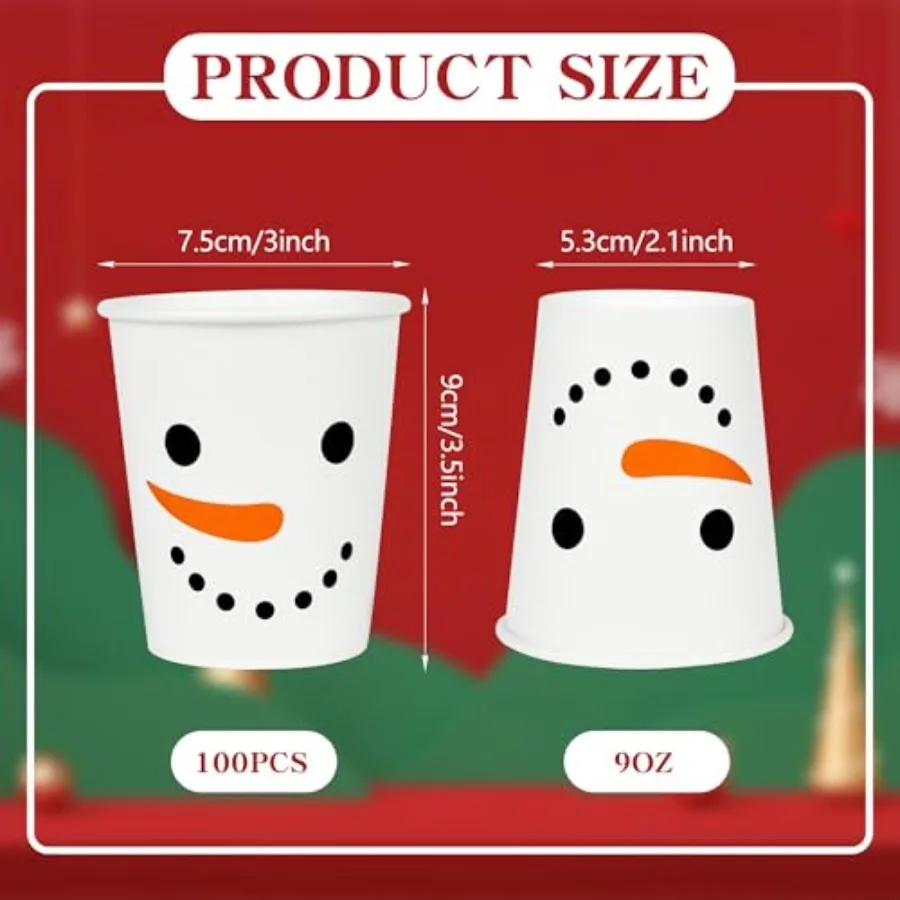 100Pcs Christmas Snowman Party Cups Xmas Disposable Paper Cups Festive Winter Smiling Snowman Face 9 Oz Drinking Cups for Bever