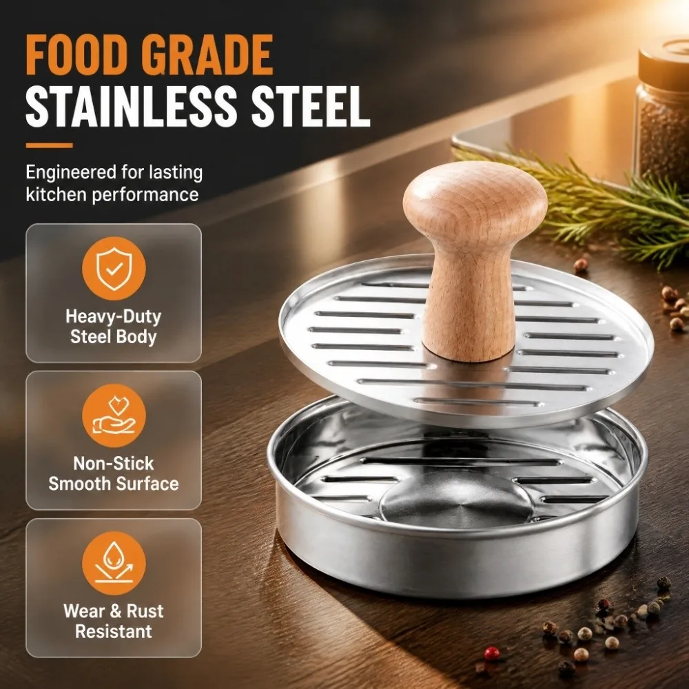 Stainless Steel Hamburger Press Silver Wooden Color Non-Stick Patty Maker Wood Handle Simple Operation Meat Press Mold