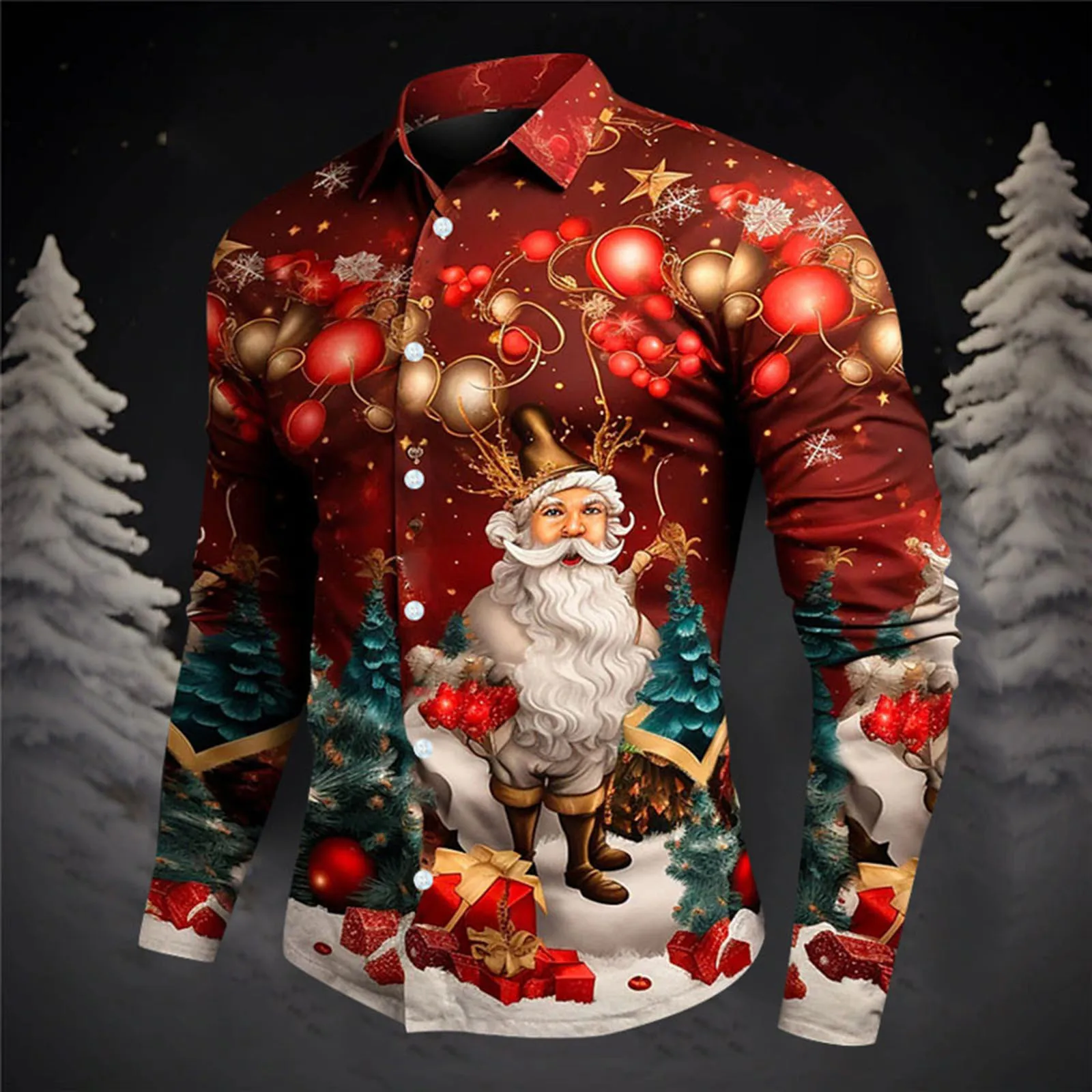 Christmas Casual Print Men\'s Shirts Hawaii Long Sleeve Lapel Button Floral Slim Fit Blouse Oversize Cartoon Elk Santa Claus Tops