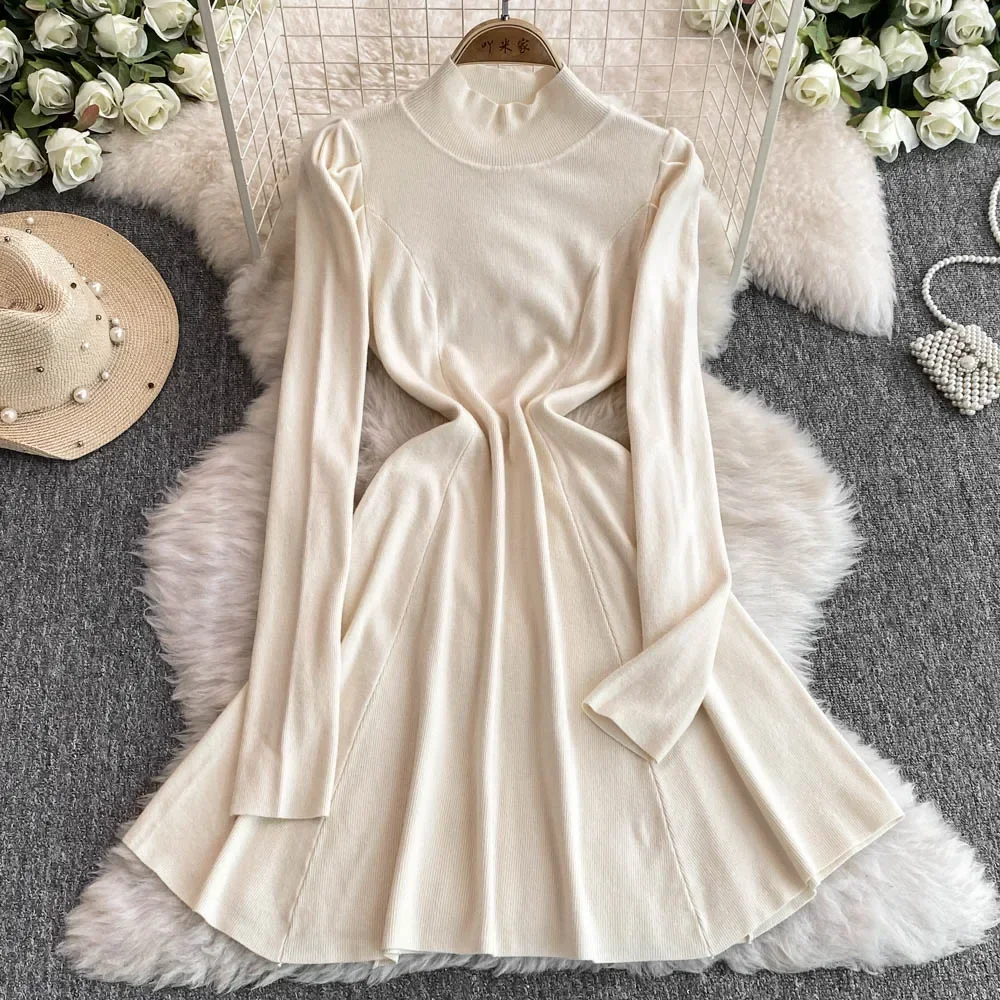 Vintage Long Sleeve Elegant Half High Collar Slim Knit A-line Dresses Women Korean Evening High Street Autumn Winter Clothing