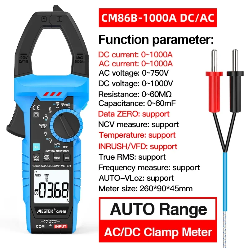 Mestek CM86B True-RMS 1000A AC/DC Curent Clamp Meter with iFlex Measures AC/DC current with included iFlex current probe