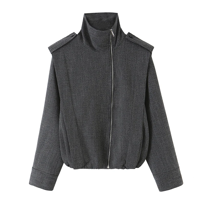 YENKYE Women Dark Gray Side Zipper Er Jacket Long Sleeve Shoulder Tabs Casual Vintage Outerwear Autumn Winter Daily Coat