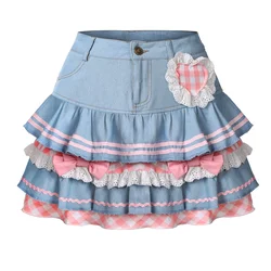 Y2k Kawaii Denim Skirt Mini Party Sweet Ball Gown Aesthetic High Waist Skirts 4 Layer Ruffle Cake Skirts E Girls Summer Skater