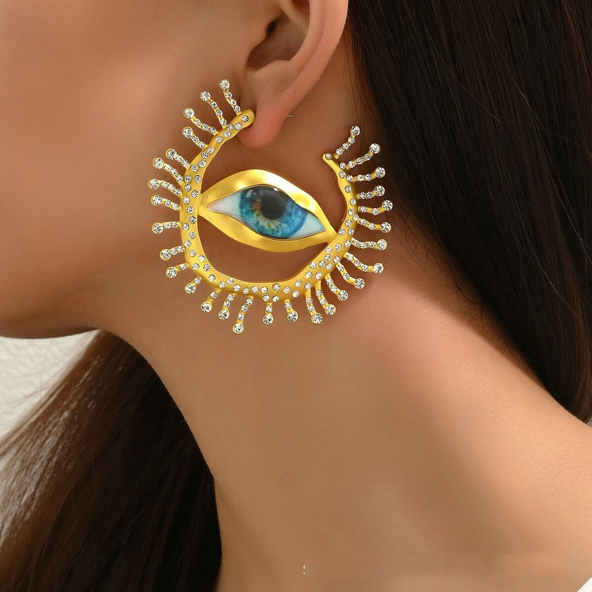 Lifefontier Vintage Full Rhinestone Devil's Eye Hoop Earrings For Women New Asymmetric Alien Pupil Big Earring Party  Jewelry