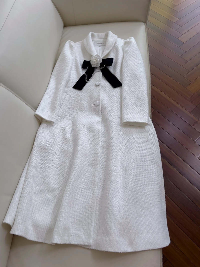 

Длинное пальто в стиле Хепберн в стиле ретро со съемным бантом на талии и твидовой юбкой трапециевидной формы с высокой талией для свадьбы...