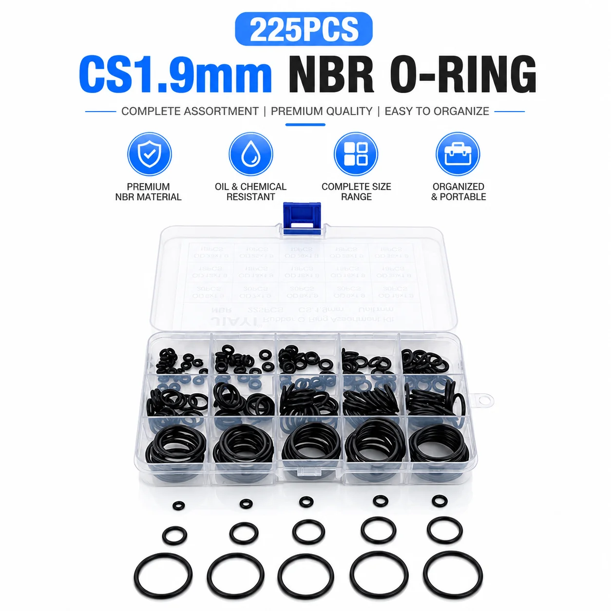 225 Pieces of NBR Nitrile Rubber O-ring, CS 1.9mm Outer Diameter 6-30mm, Partition Repair Box Small Equipment Leak Proof Gasket