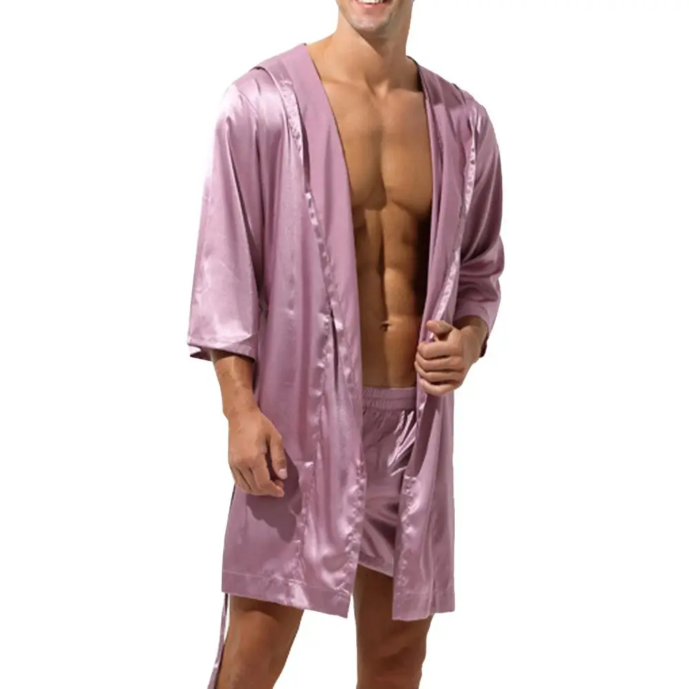 

Men's Hooded Satin Silk Pajamas Nightgown Loose Comfortable Batobe One-oulder Design Home Clothes for Men