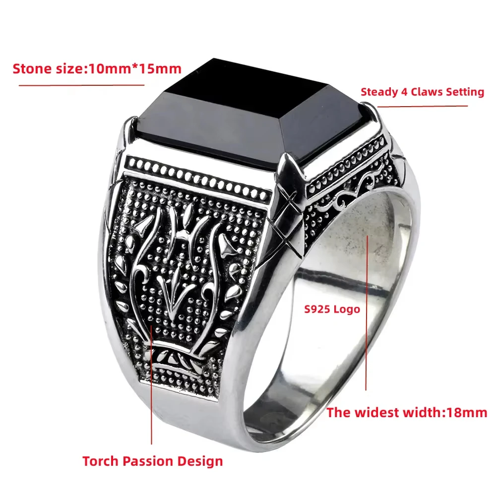 Simplicity Vintage S925 Sterling Silver Mens Tulip Signet Rings With Black Stone Retro Flower Engraved Punk Rock Jewelry Gift