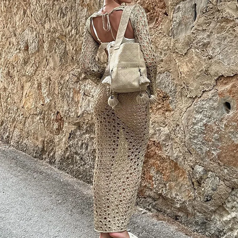 Para Praia – robe longue tricotée ajourée, robe de plage, couverture de Bikini, Cover-Up pour les maillots de bain, tenues de plage Sexy pour femmes, 2024