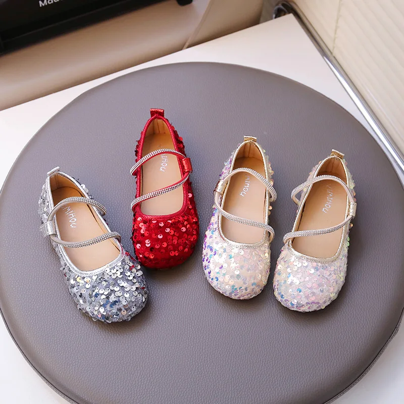 Brand Girl Shoe 2025 Autumn New Fashion Girl Princess Shoe Sequined Performance Shoe Casual Women Shoes Flat Hildren's Shoes