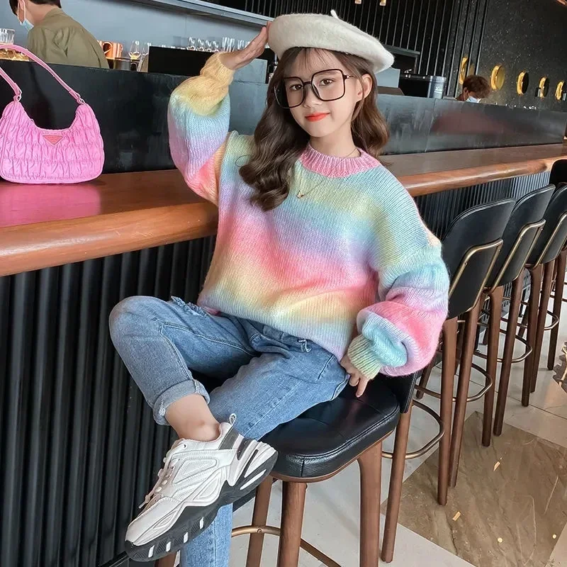 Rainbow Kids Sweaters for Girls Autumn Winter Teen Knitted Clothes Children's Warm Sweaters Coats Costume For Girls 4-13 Years