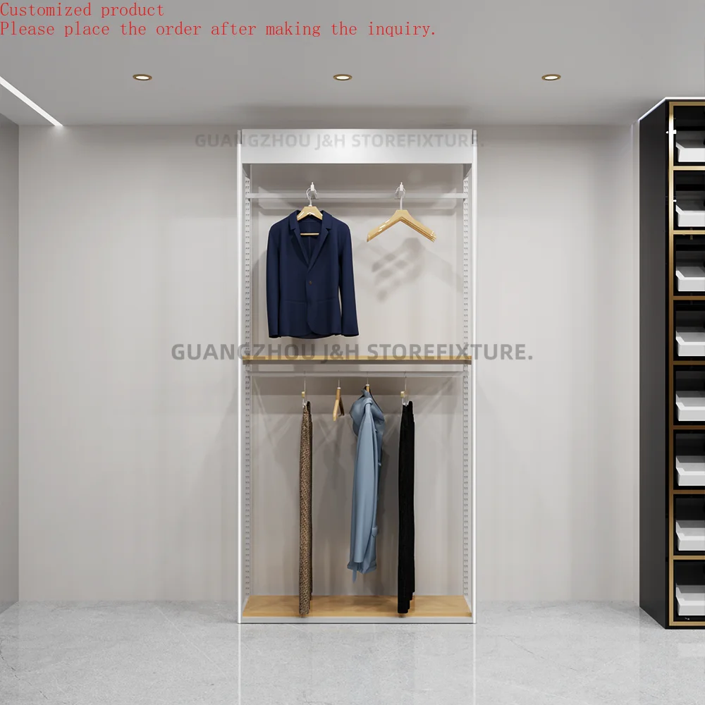 

Texture Clothes Shop Display Rack Custom Logo Classic Design Metal White Clothes Hanging Shelves Stand for Man Shop