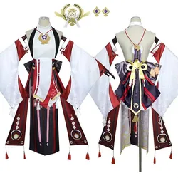 Women's Yae Miko Cosplay Costume Jacquard Fabric Anime Character Outfit with Headwear Shorts And Earrings for Halloween Party