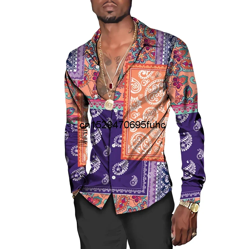 Fashion Paisley Floral Print Men's Shirts Vintage Style Lapel Button-Up Long Sleeve Tops Hip Hop Men/Women Casual Party Clubwear